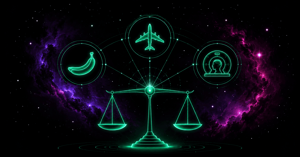 An emerald balance weighing a banana, an airplane silhouette and a CT head cross-section, laced with a grid of rays, against a cosmic nebula in violet and magenta