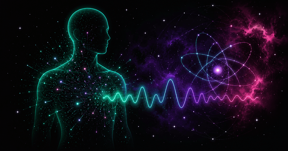 An emerald outline of a human figure lit by flashes of nuclear decay, woven with a counter waveform, against a cosmic nebula in violet and magenta