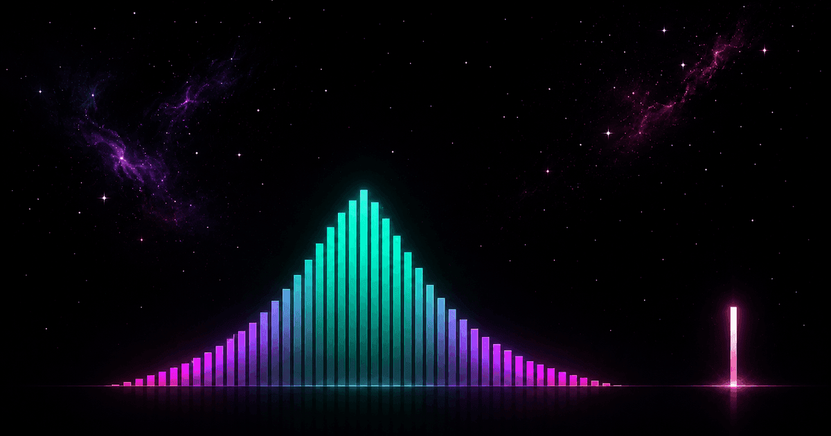 Luminous histogram bars settling into the soft bell of a distribution, one outlying point brighter than the rest, against a cosmic nebula in violet and magenta
