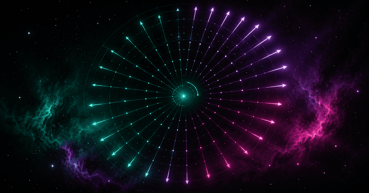 A glowing emerald carousel seen from above, with radii and velocity vectors growing toward the rim, against a cosmic nebula in violet and magenta