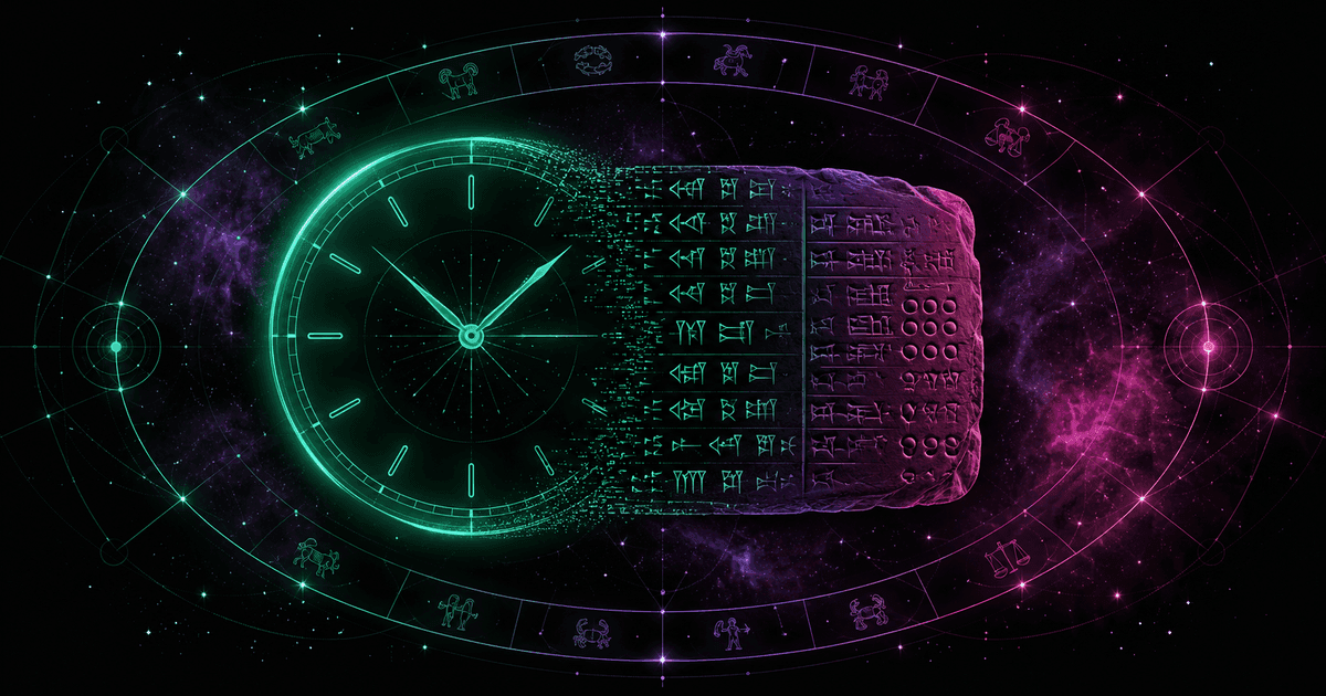 Świecąca szmaragdowa tarcza zegara przechodząca w babilońskie znaki klinowe i pierścień zodiaku, na tle kosmicznej mgławicy w fiolecie i magencie