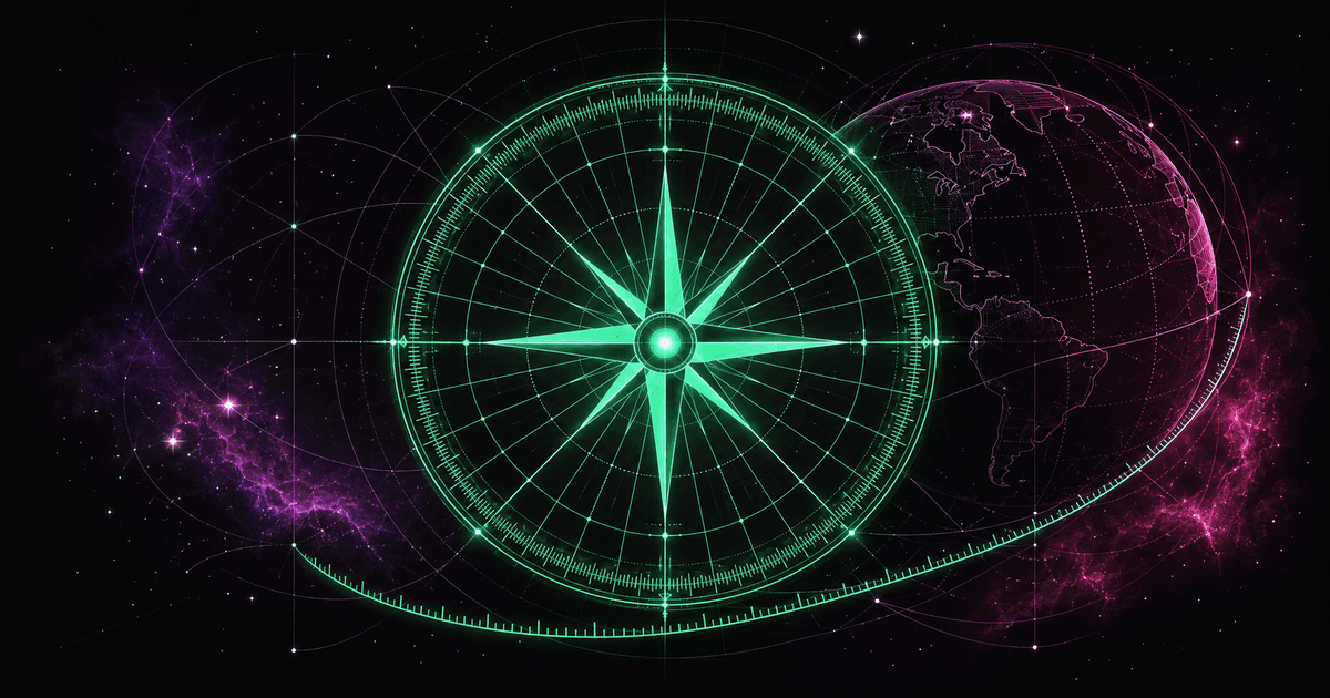 A glowing emerald protractor and compass rose graduated to 360 degrees turning into an arc of the nautical mile over a globe, against a cosmic nebula in violet and magenta