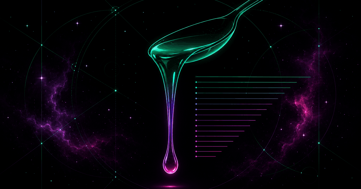 A glowing emerald thread of thick liquid streaming from a spoon, wrapped in a geometric grid, against a cosmic nebula in violet and magenta