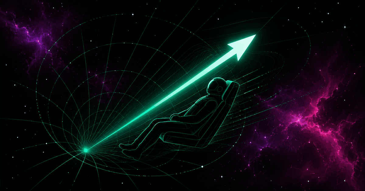 A glowing emerald acceleration vector and the silhouette of a pilot pressed into a seat, with a geometric grid, against a cosmic nebula in violet and magenta