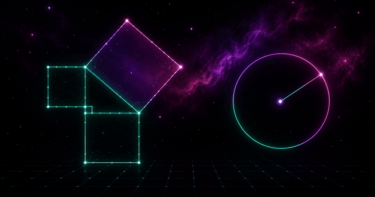 A luminous right triangle with squares built on its sides drawn as a constellation, beside a circle with its radius, against a cosmic nebula in violet and magenta