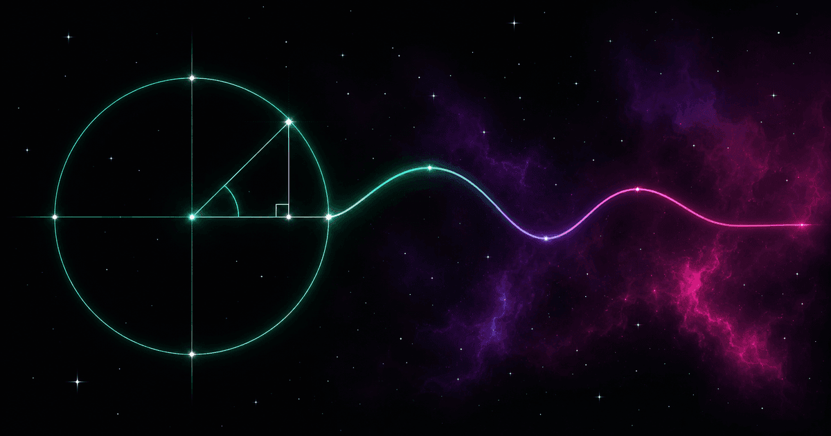 A luminous unit circle with a radius sweeping out an angle, a sine wave unrolling from it as a streak of light, beside a right triangle drawn in stars, against a cosmic nebula in violet and magenta