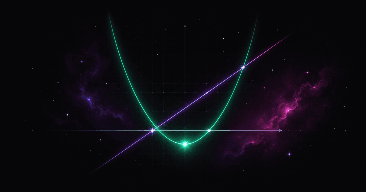 A luminous parabola and a straight line crossing above a faint coordinate grid, the vertex flaring like a star, against a cosmic nebula in violet and magenta