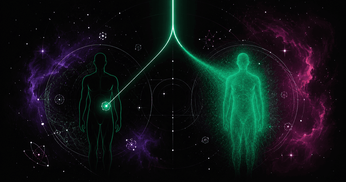 An emerald radiation beam splitting into a precise ray and a scattered cloud over the outline of a human figure, against a cosmic nebula in violet and magenta