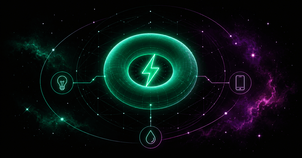 A glowing emerald doughnut with a battery-and-lightning symbol at its centre, wrapped in a geometric grid, against a cosmic nebula in violet and magenta