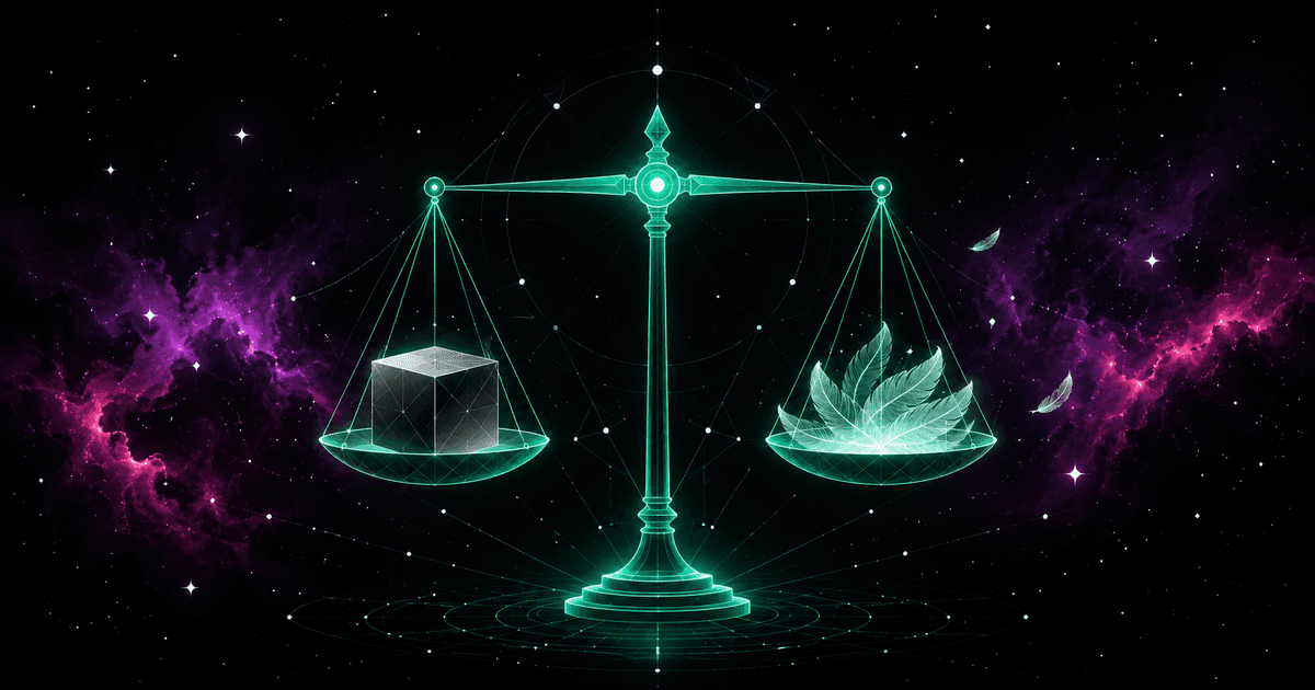 A glowing emerald balance scale holding a cube of lead and a cloud of feathers, wrapped in a geometric grid, against a cosmic nebula in violet and magenta