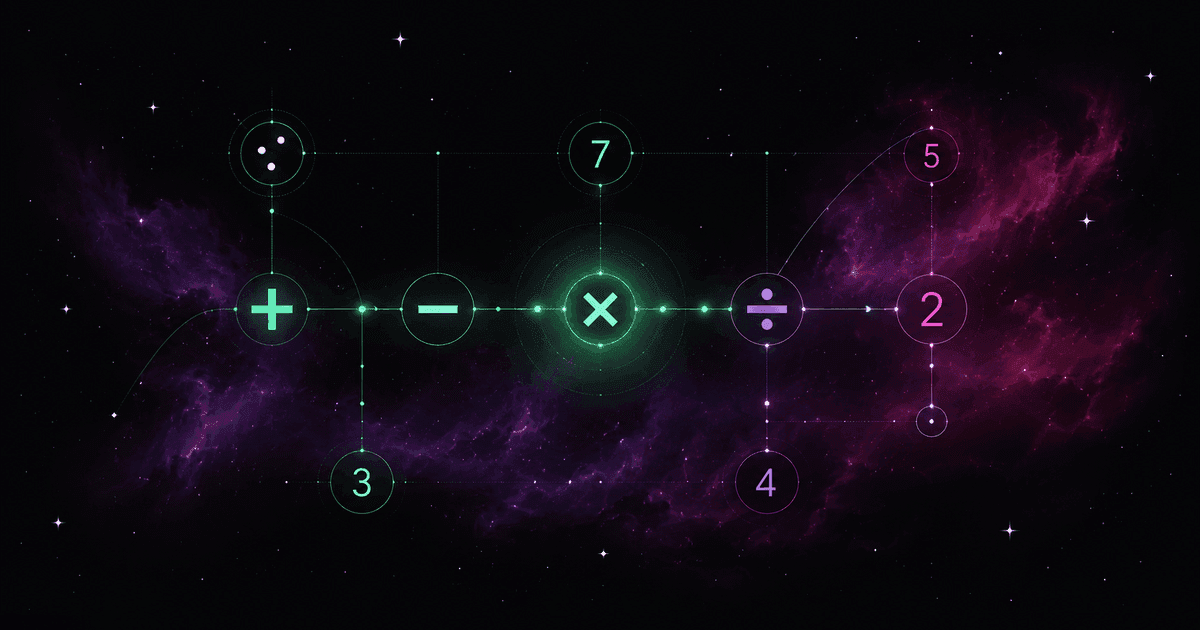 Symbole plus, minus, razy i dzielenia oraz cyfry unoszące się w geometrycznej siatce, połączone szmaragdowymi liniami porządku działań, na tle kosmicznej mgławicy w fiolecie i magencie