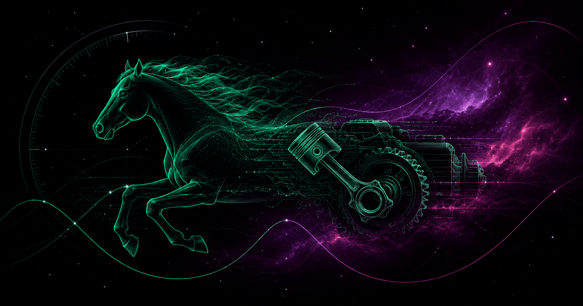 A glowing emerald silhouette of a horse dissolving into the outline of a piston and a gear, wrapped in a geometric grid, against a cosmic nebula in violet and magenta