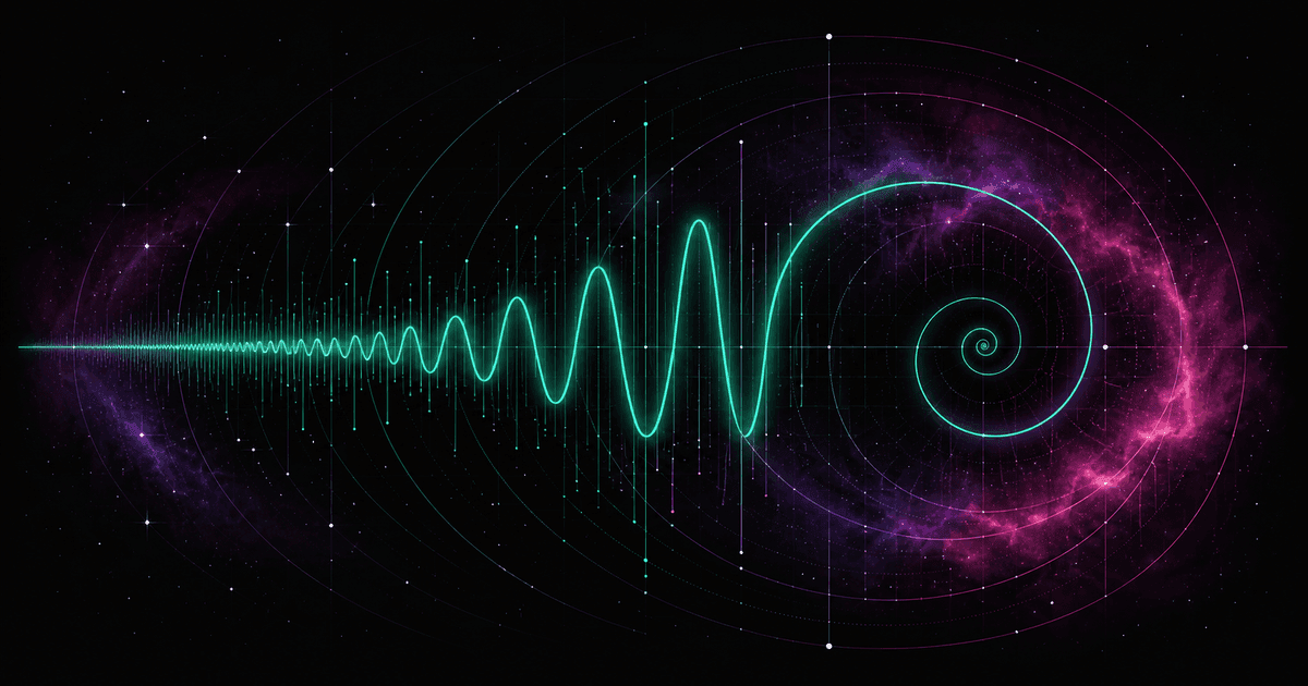 A glowing emerald sound wave curling into a logarithmic spiral, wrapped in a geometric grid, against a cosmic nebula in violet and magenta