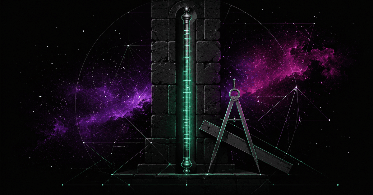 A glowing emerald iron standard rod set into a town-hall wall, wrapped in a geometric surveying grid, against a cosmic nebula in violet and magenta