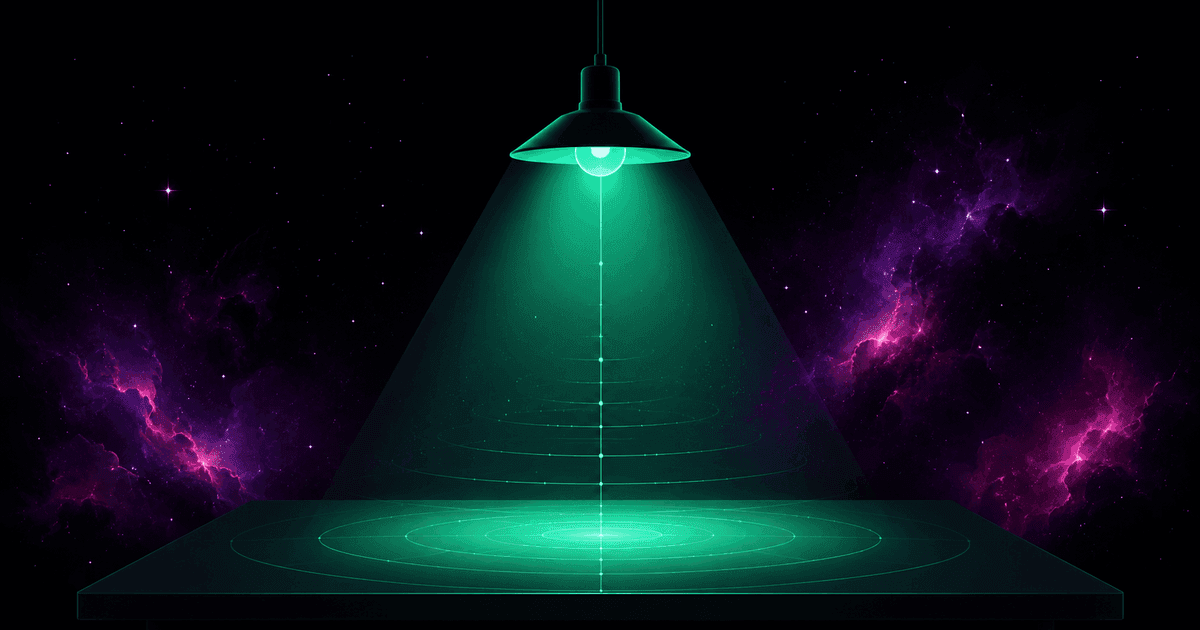 An emerald lamp casting a cone of light onto a desktop overlaid with an inverse-square-law grid, against a cosmic nebula in violet and magenta