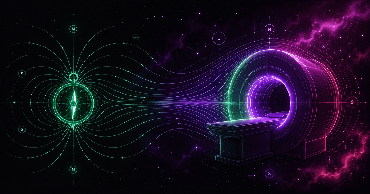 A glowing emerald compass needle and magnetic field lines merging into a powerful MRI magnet ring, against a cosmic nebula in violet and magenta