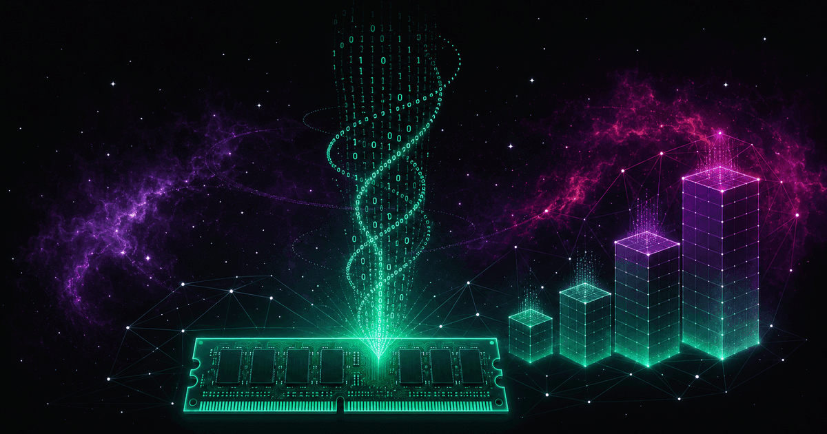 A glowing emerald memory chip with a binary stream reading 1024 and the prefix "mebi", over a cosmic nebula in violet and magenta