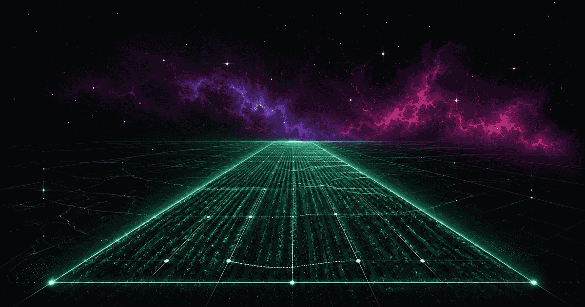 Glowing emerald furrows of a ploughed field forming the rectangle of an acre, wrapped in a geometric survey grid, against a cosmic nebula in violet and magenta