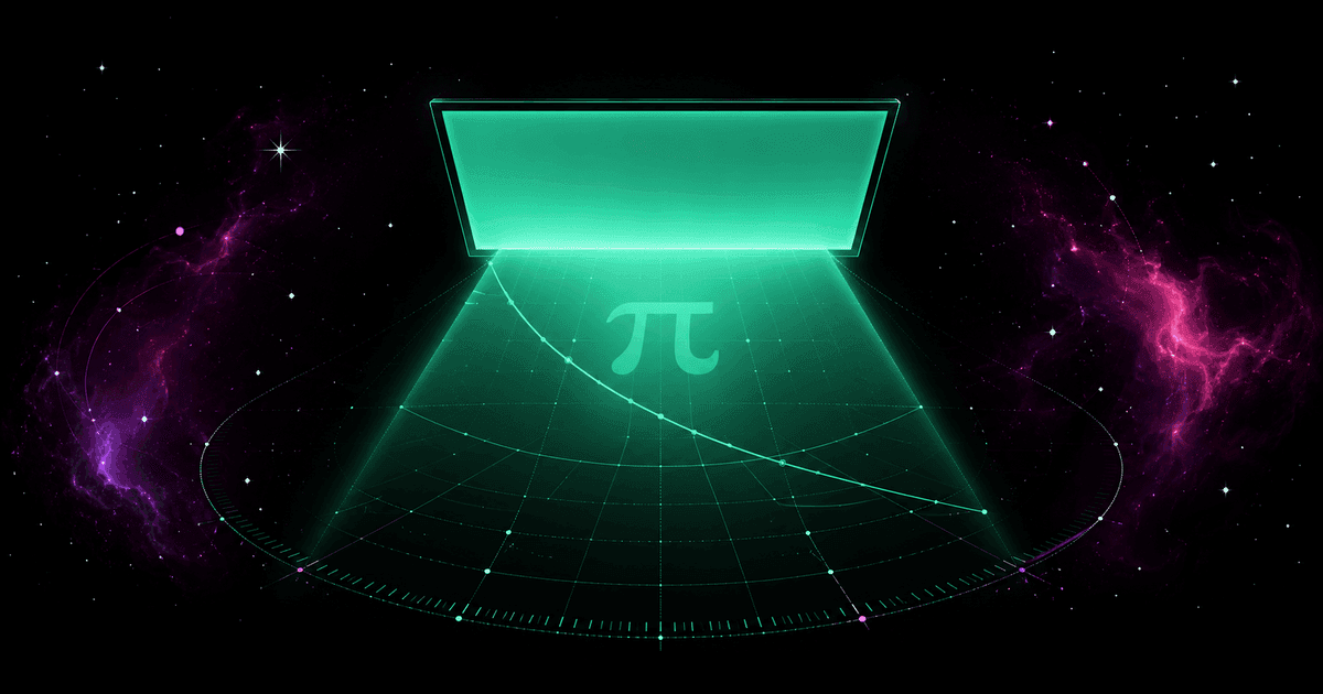 A glowing emerald screen throwing a cone of light with the symbol π inscribed inside it, against a cosmic nebula in violet and magenta