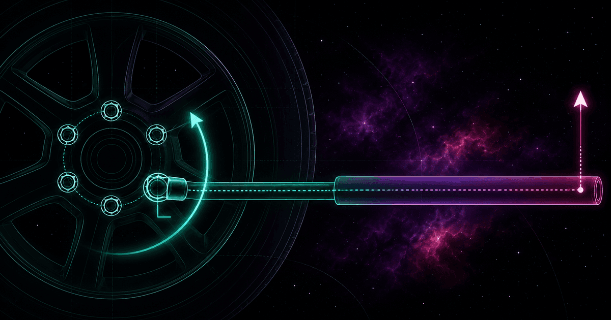 A glowing emerald socket wrench grips a bolt on the wheel's bolt circle, its long pipe-extended handle set at a right angle, with an arc of rotation, a lever arm and a force arrow illustrating torque, against a cosmic nebula in violet and magenta