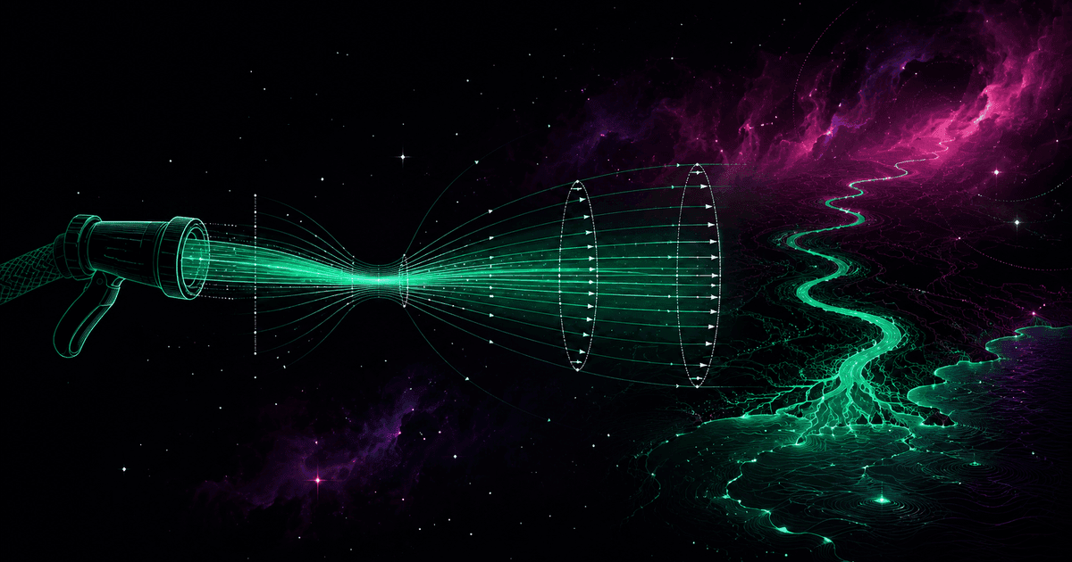 A glowing emerald jet of water narrowing in a garden-hose nozzle and flowing on into the outline of a meandering river, against a cosmic nebula in violet and magenta with scattered stars