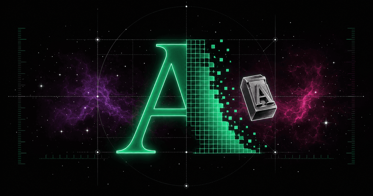 A glowing emerald letter built from a pixel grid beside a classic metal type sort, wrapped in a geometric grid of measures, on a cosmic nebula in violet and magenta