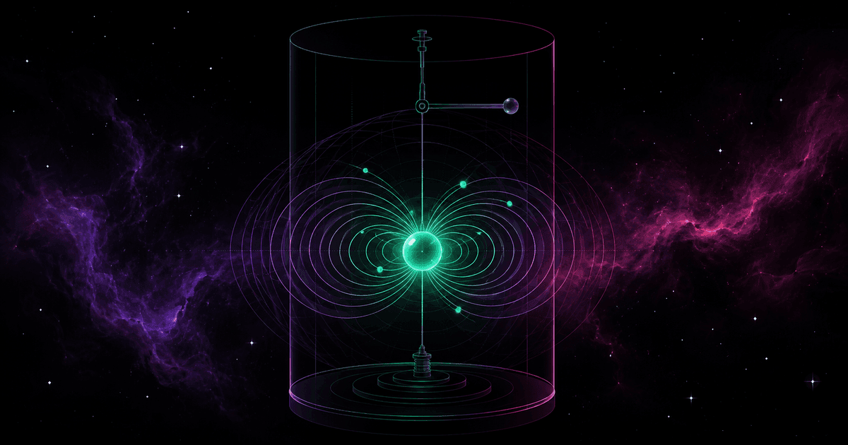 A glowing emerald sphere of charge suspended from the fine thread of a torsion balance, wrapped in a geometric grid, against a cosmic nebula in violet and magenta