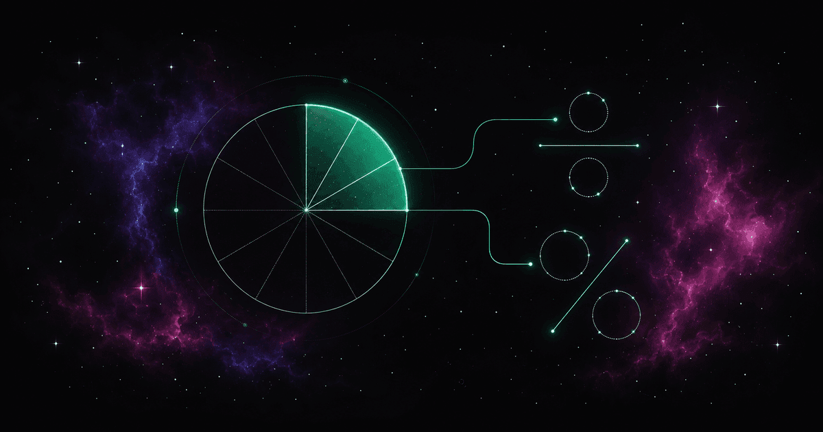 A fraction bar and a percent sign rendered as geometric forms, with a circle split into equal orbital slices, against a cosmic nebula in violet and magenta