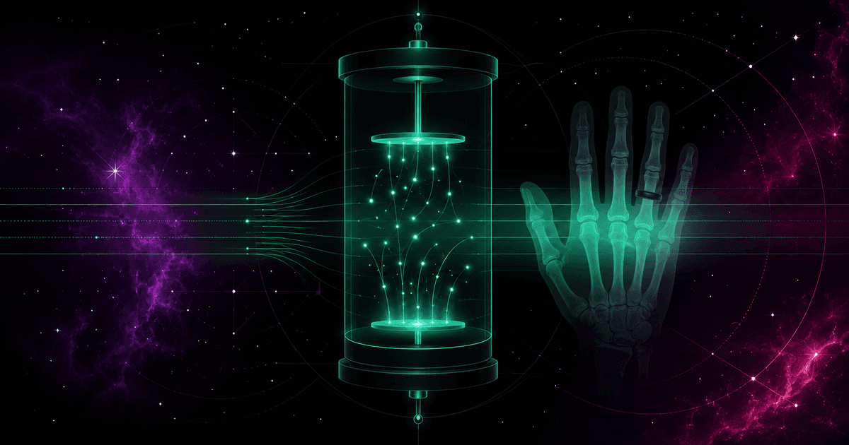 An emerald ionization chamber with drifting charges and the outline of a hand X-rayed by radiation, against a cosmic nebula in violet and magenta