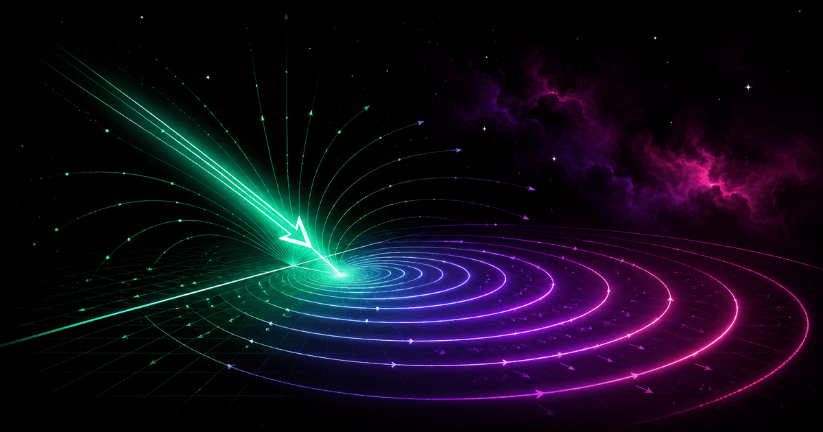 A glowing emerald force-vector arrow striking a geometric surface, with a spreading pressure wave, against a cosmic nebula in violet and magenta