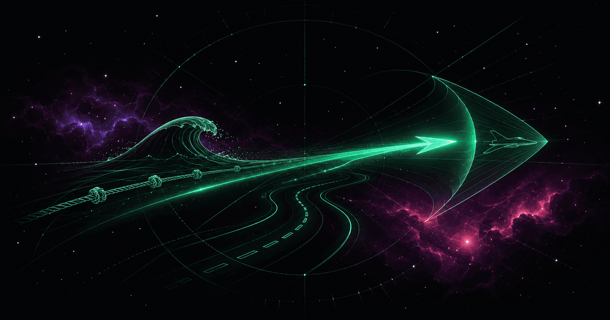A glowing emerald velocity vector over an ocean wave, a road, and a sonic cone, against a cosmic nebula in violet and magenta
