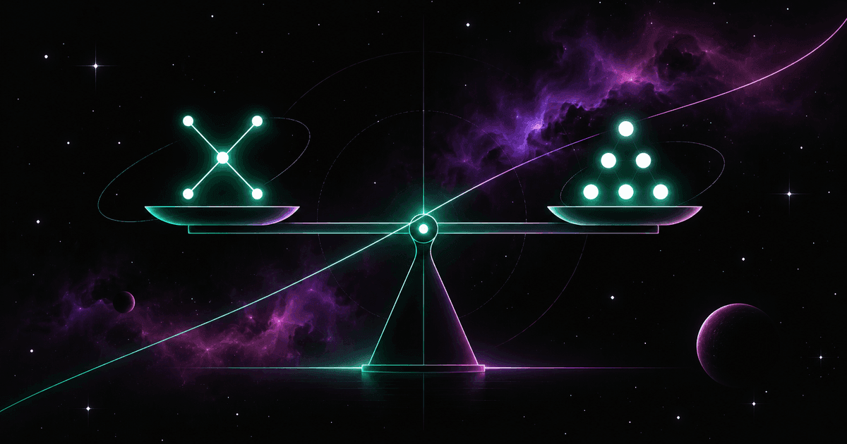 A balance scale in perfect equilibrium rendered as a geometric form, with a straight line crossing an axis like an orbital path, against a cosmic nebula in violet and magenta